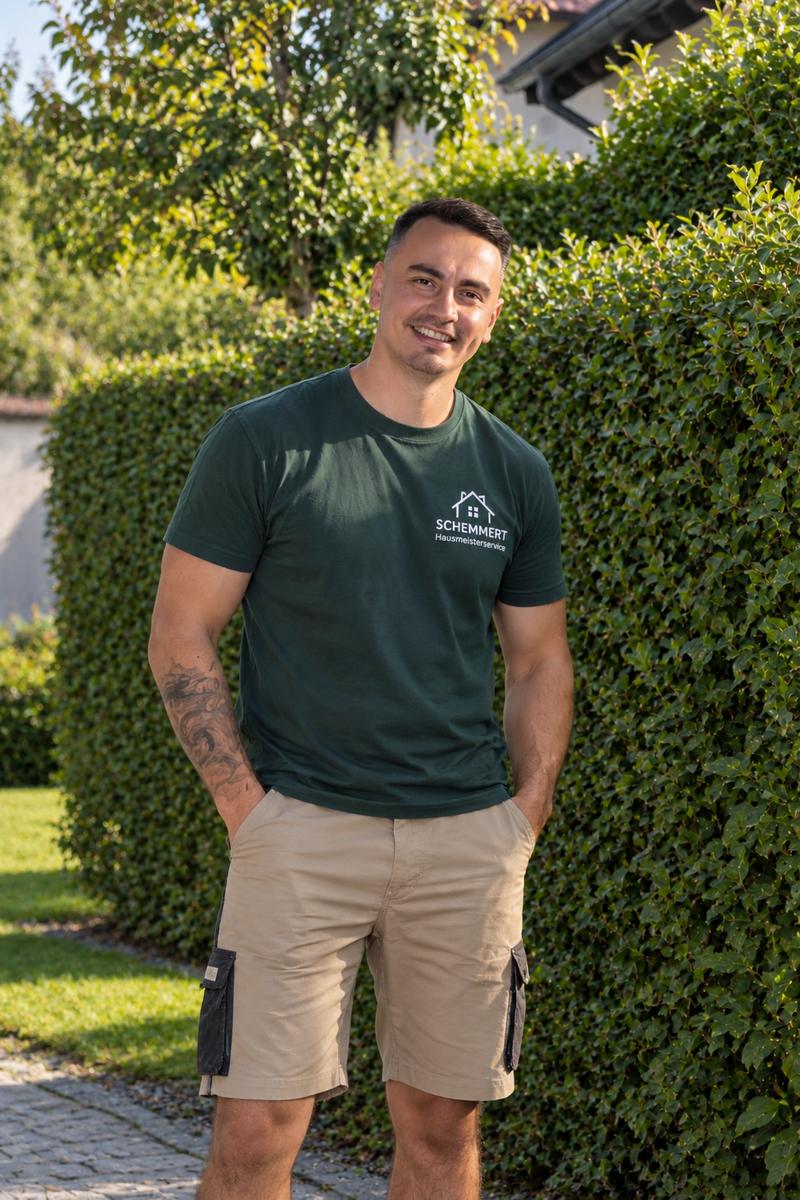 Michael Schemmert, Hausmeister aus Sauerlach, steht lächelnd vor einer gepflegten grünen Hecke. Er trägt ein dunkelgrünes T-Shirt mit dem Schriftzug Schemmert Hausmeisterservice und beige Arbeitsshorts, die Hände in den Hosentaschen.